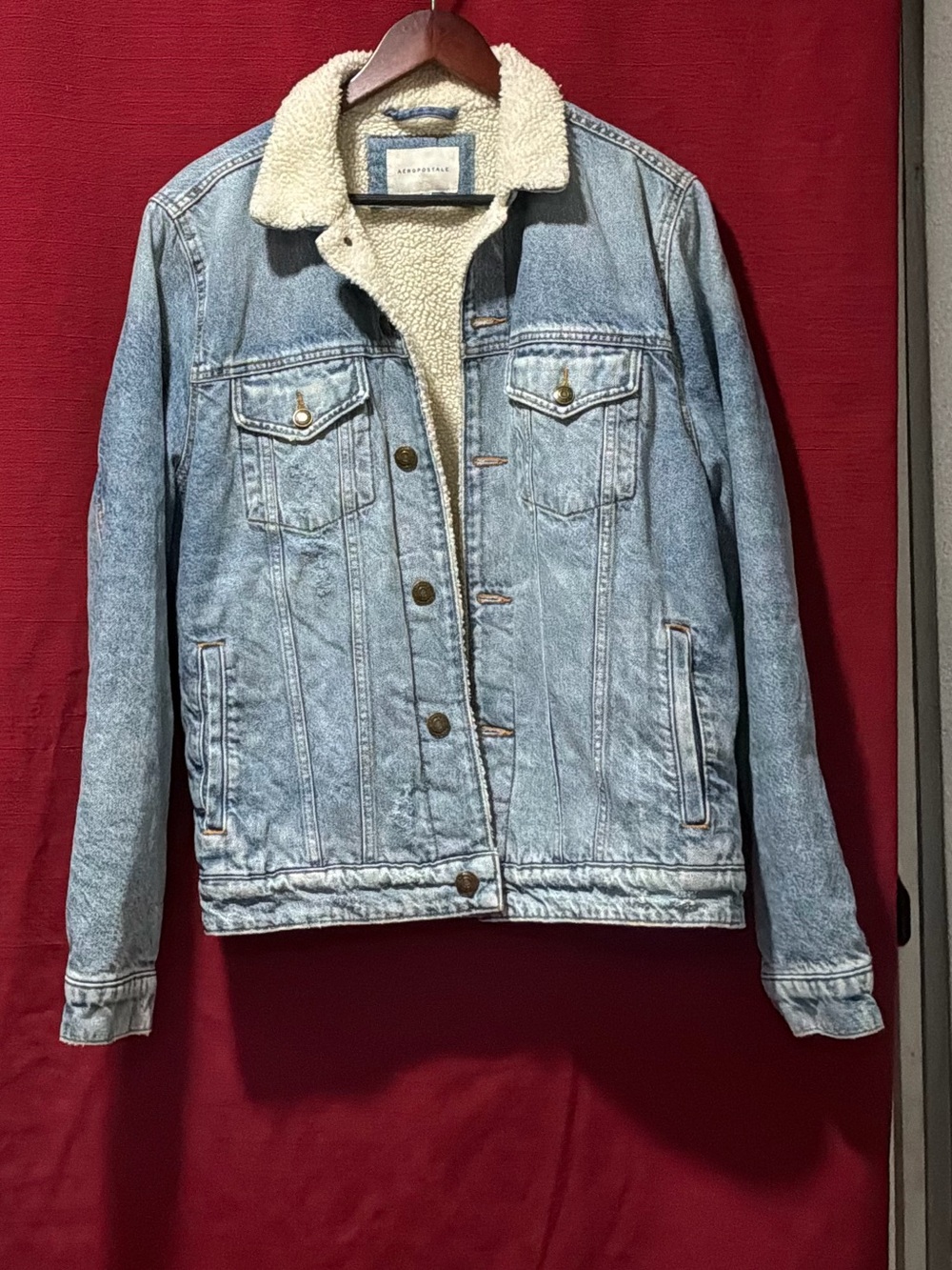Aeropostale Light Blue Denim Jacket with Cream Sherpa Collar